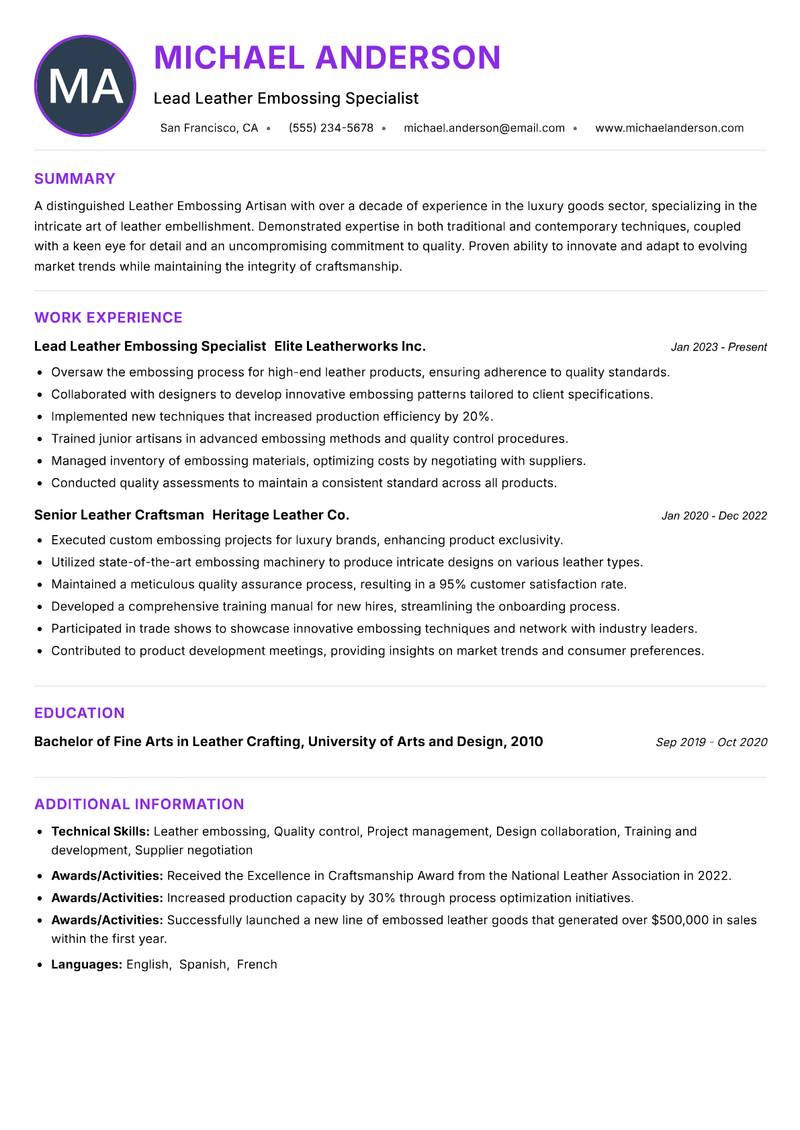 Leather Embossing Artisan Resume Preview Example