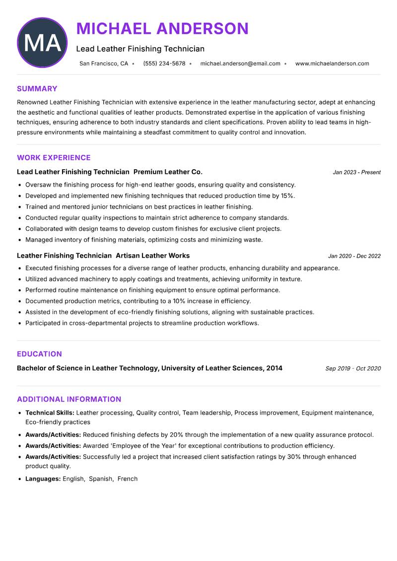 Leather Finishing Technician Resume Preview Example