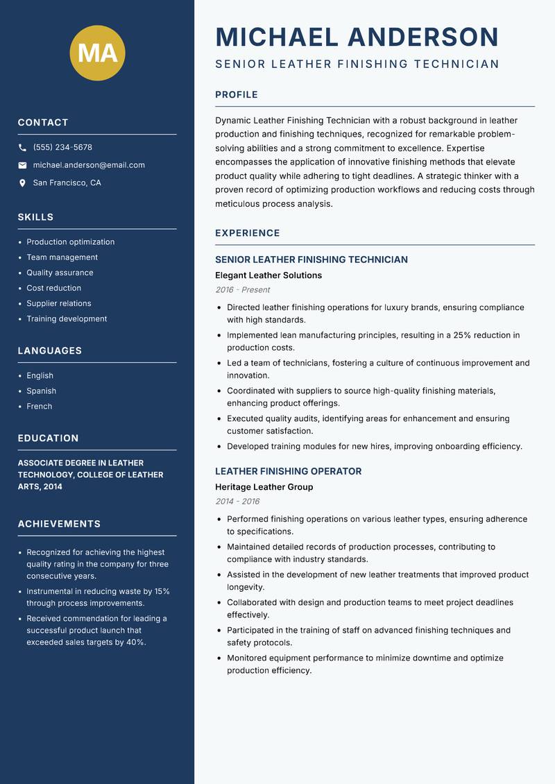 Leather Finishing Technician Resume Preview Example