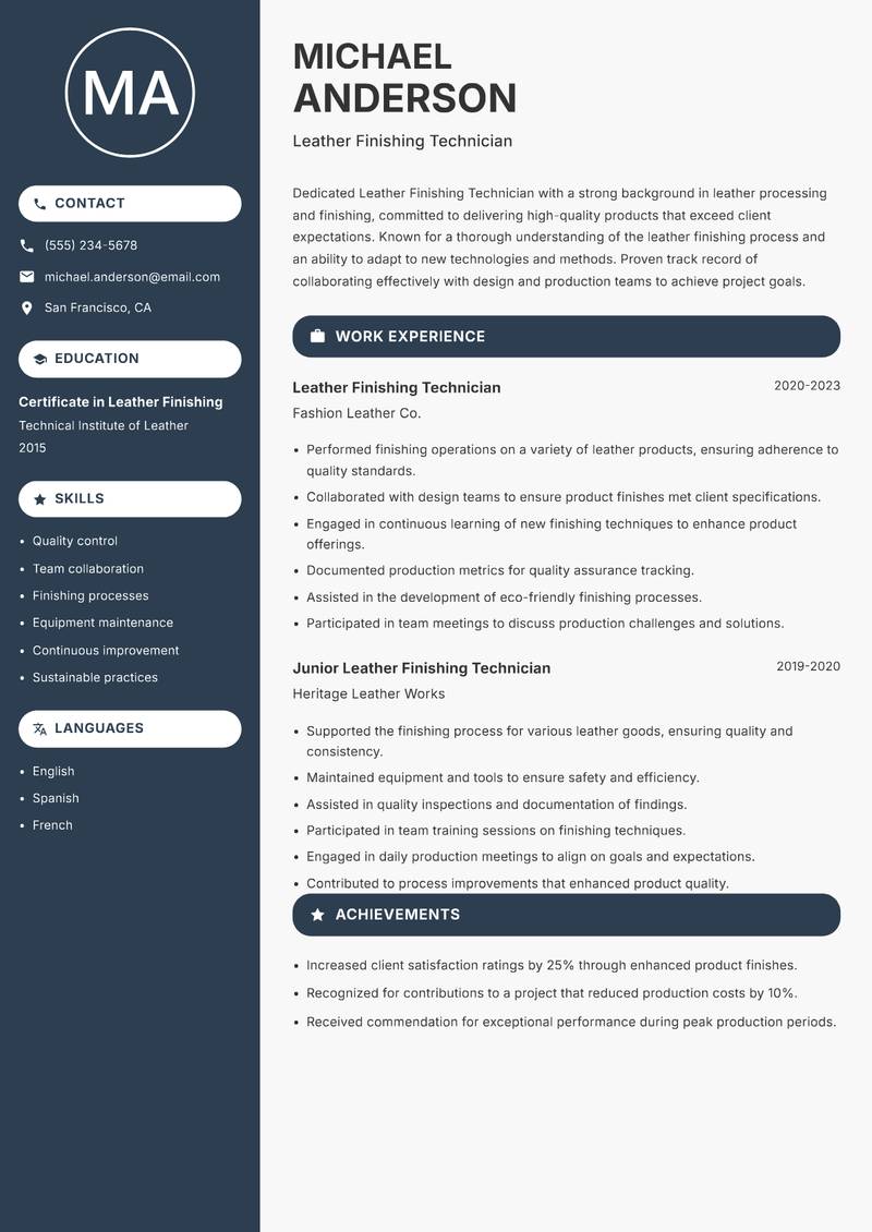 Leather Finishing Technician Resume Preview Example