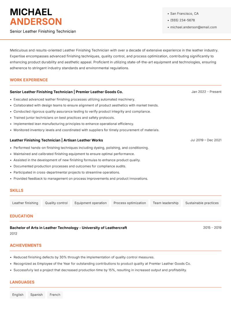 Leather Finishing Technician Resume Template