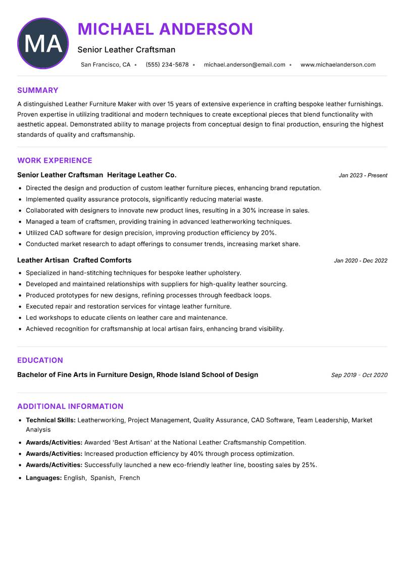 Leather Furniture Maker Resume Preview Example