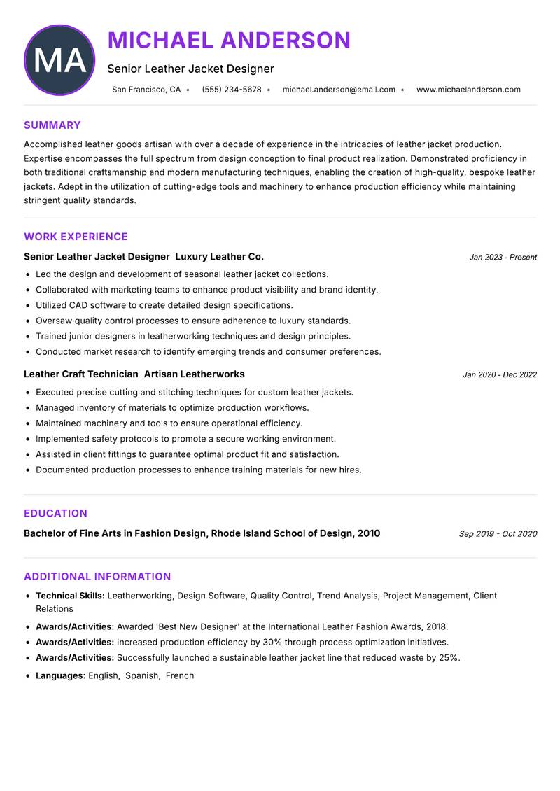 Leather Jacket Maker Resume Preview Example