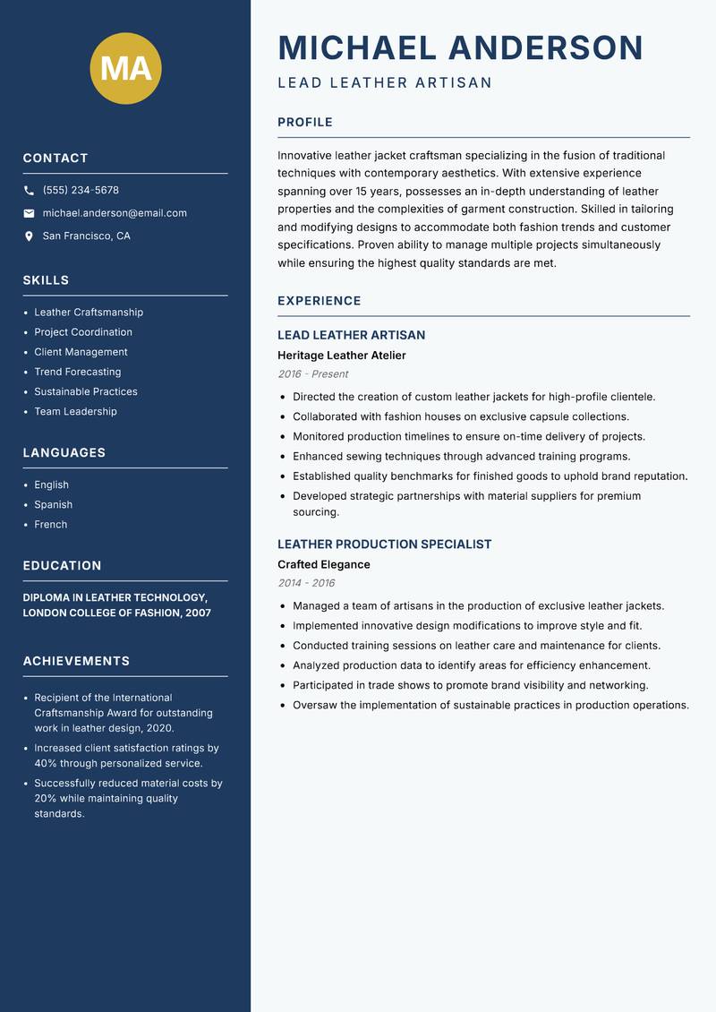 Leather Jacket Maker Resume Preview Example