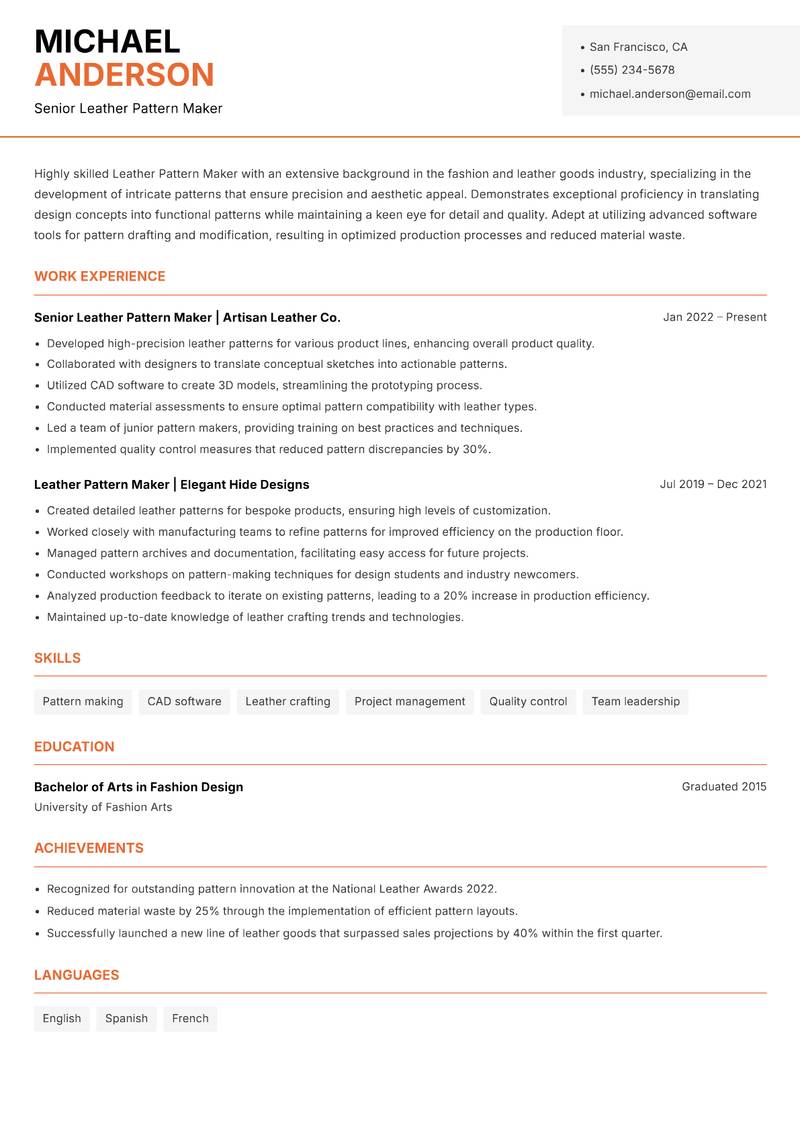 Leather Pattern Maker Resume Template