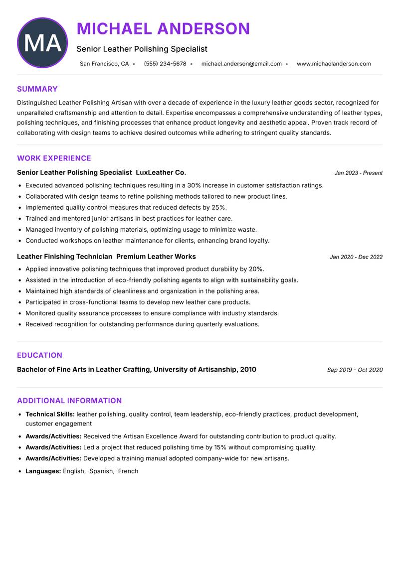 Leather Polishing Artisan Resume Preview Example