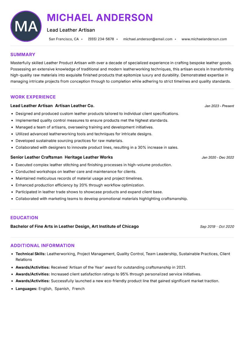 Leather Product Artisan Resume Preview Example