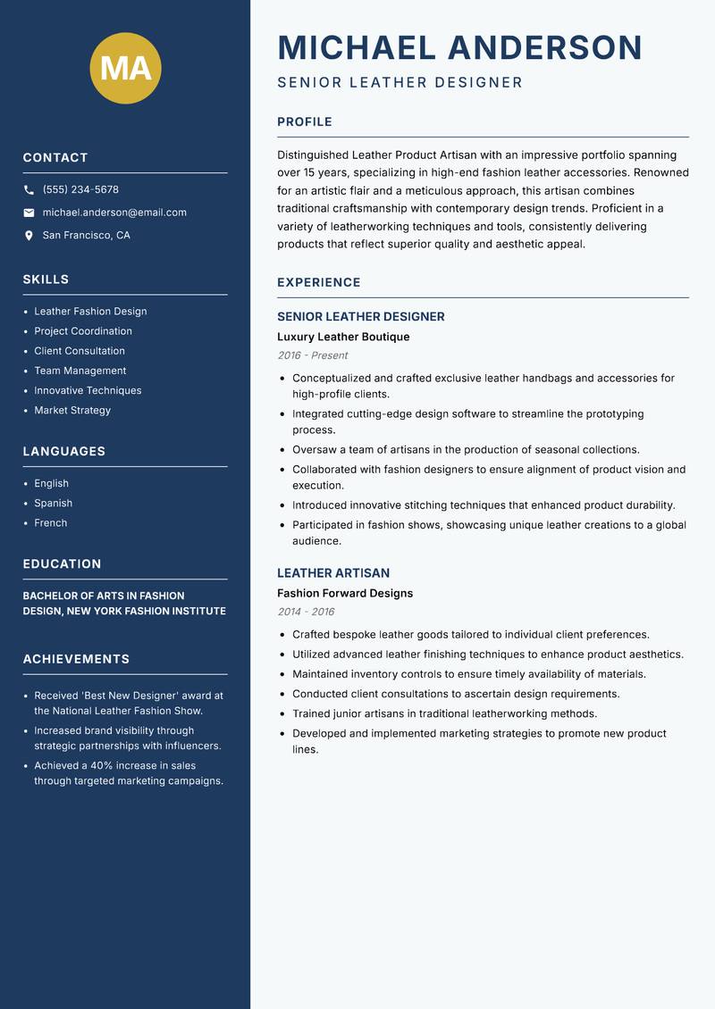 Leather Product Artisan Resume Preview Example
