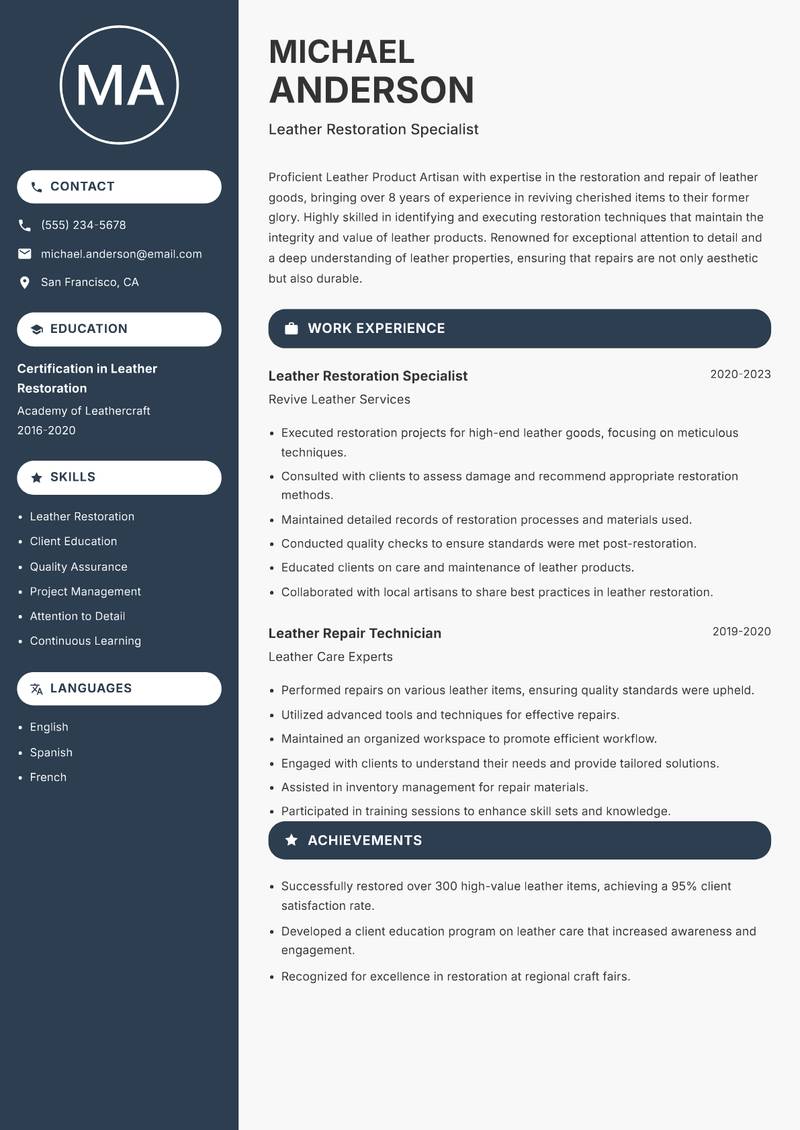 Leather Product Artisan Resume Preview Example