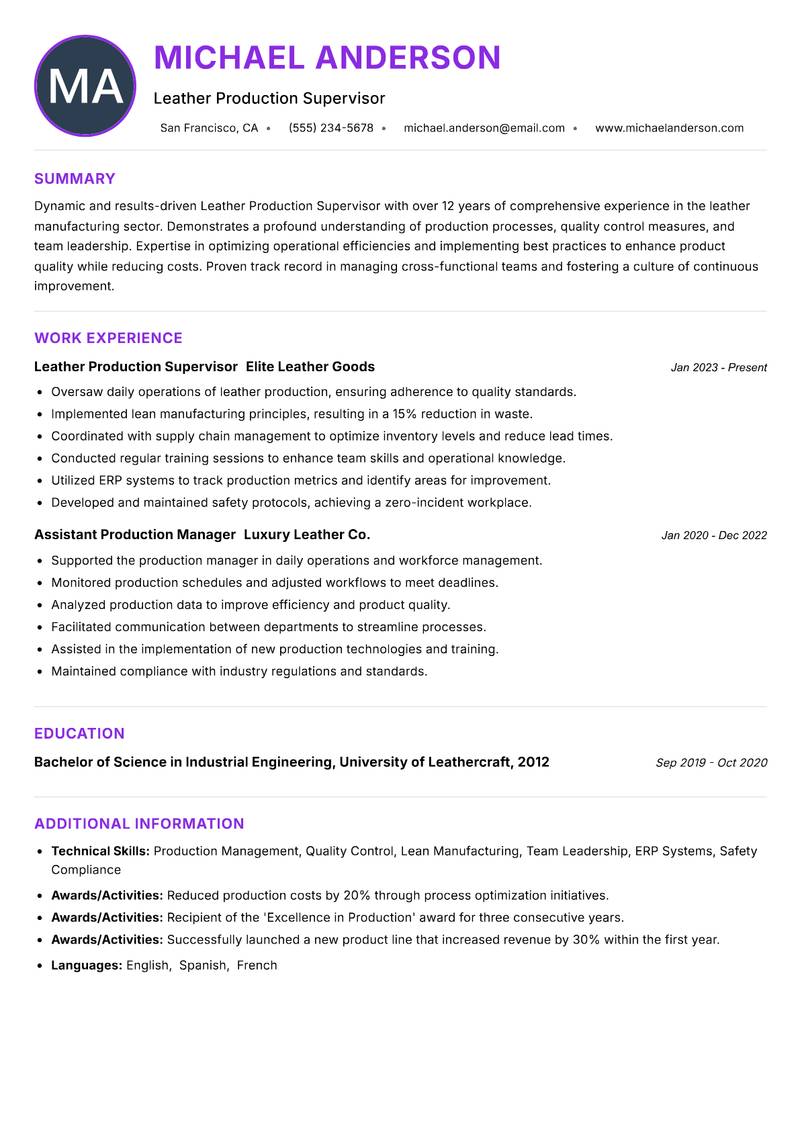 Leather Production Supervisor Resume Preview Example