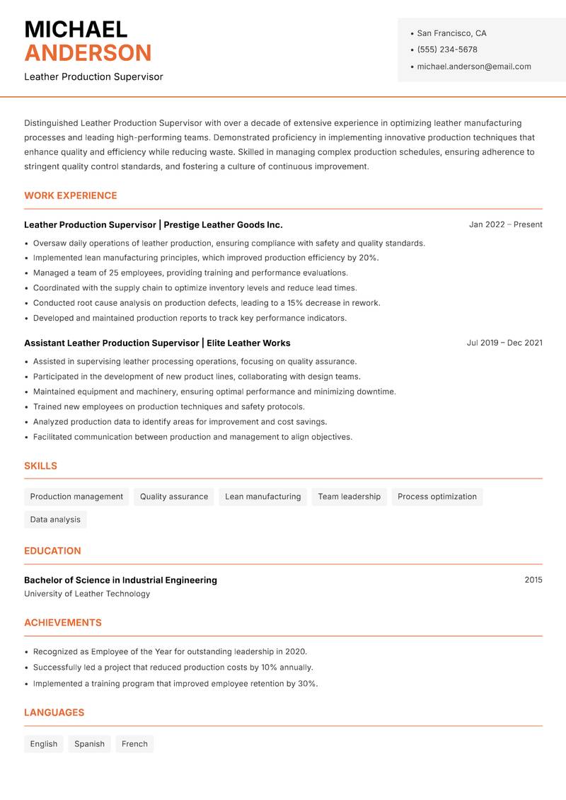 Leather Production Supervisor Resume Template