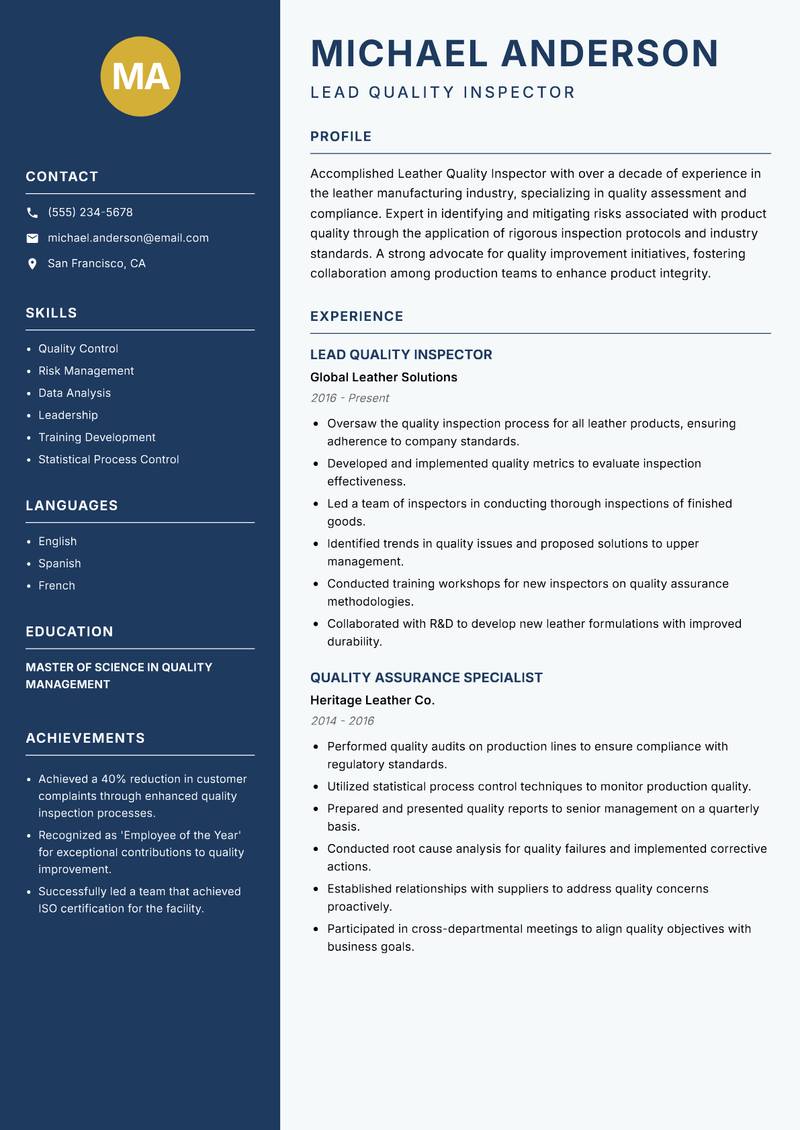 Leather Quality Inspector Resume Preview Example