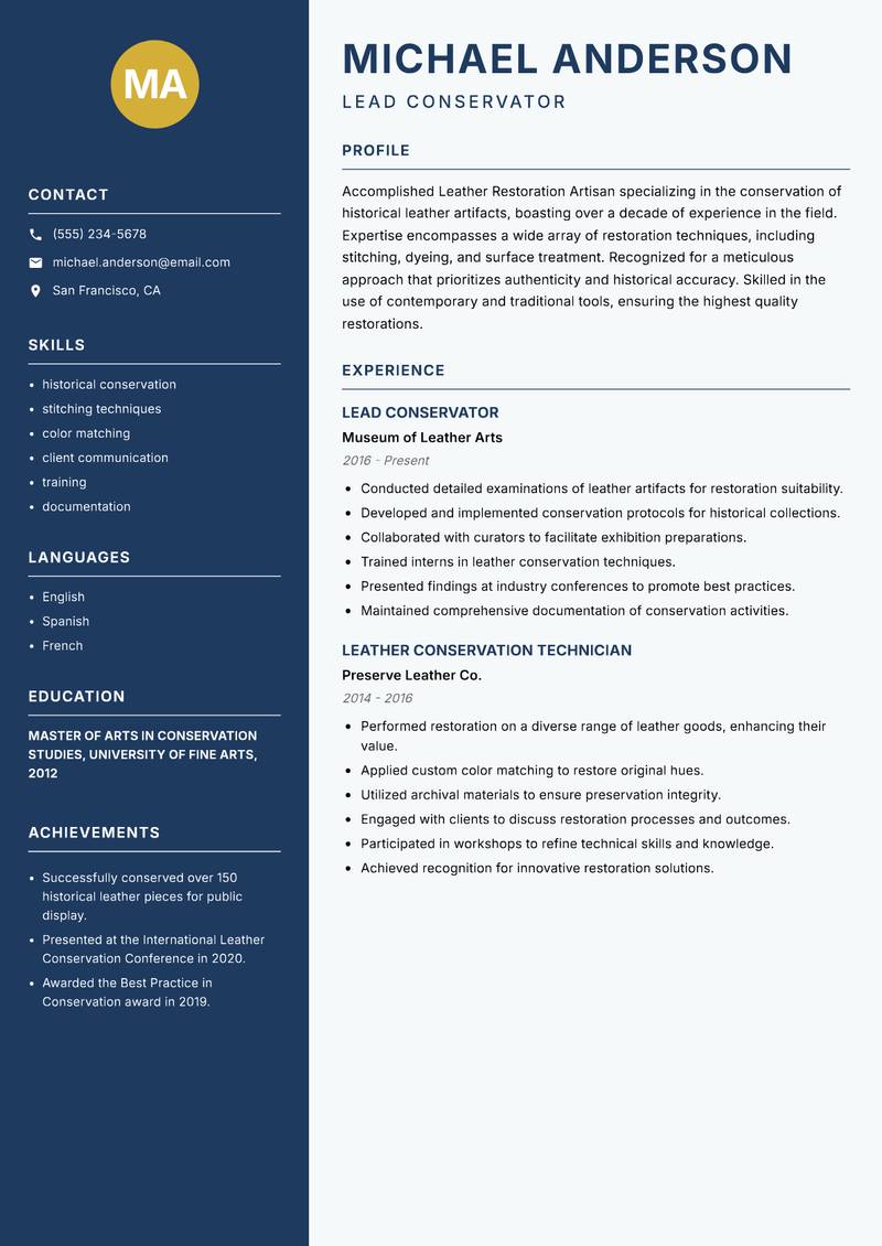 Leather Restoration Artisan Resume Preview Example