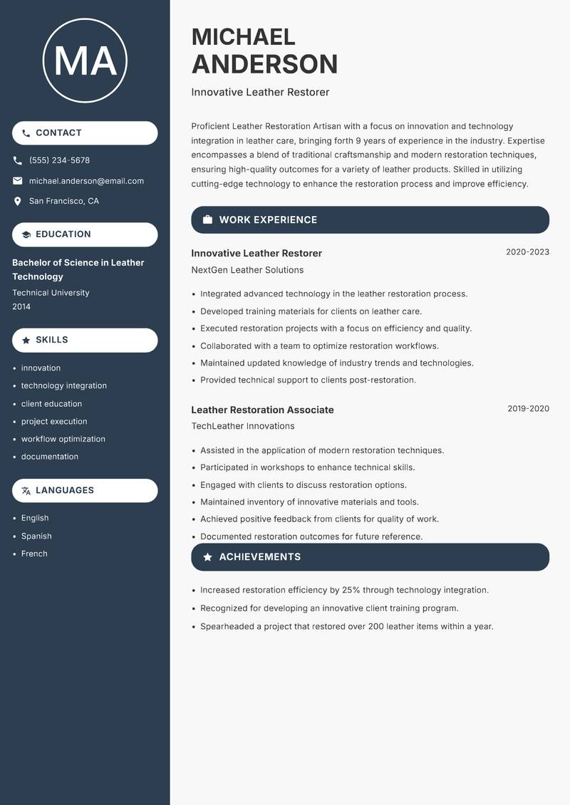 Leather Restoration Artisan Resume Preview Example