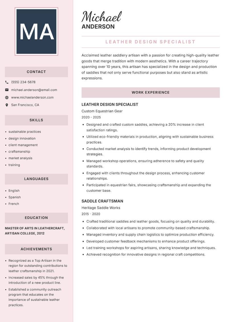 Leather Saddlery Artisan Resume Preview Example