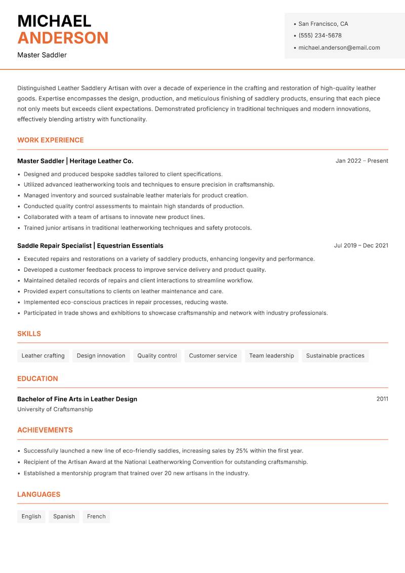 Leather Saddlery Artisan Resume Template