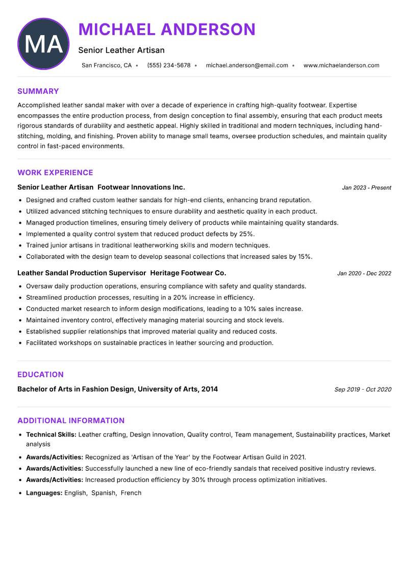 Leather Sandal Maker Resume Preview Example