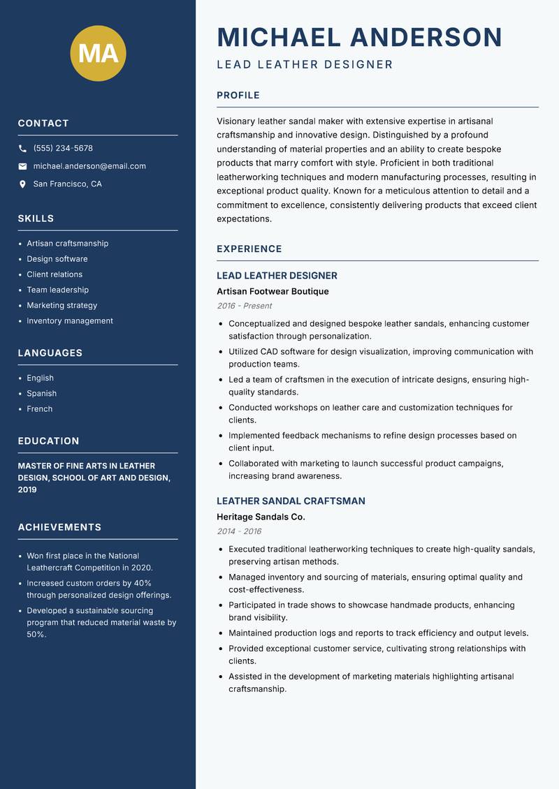 Leather Sandal Maker Resume Preview Example