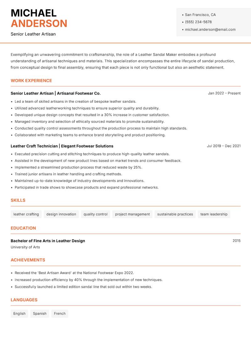 Leather Sandal Maker Resume Template