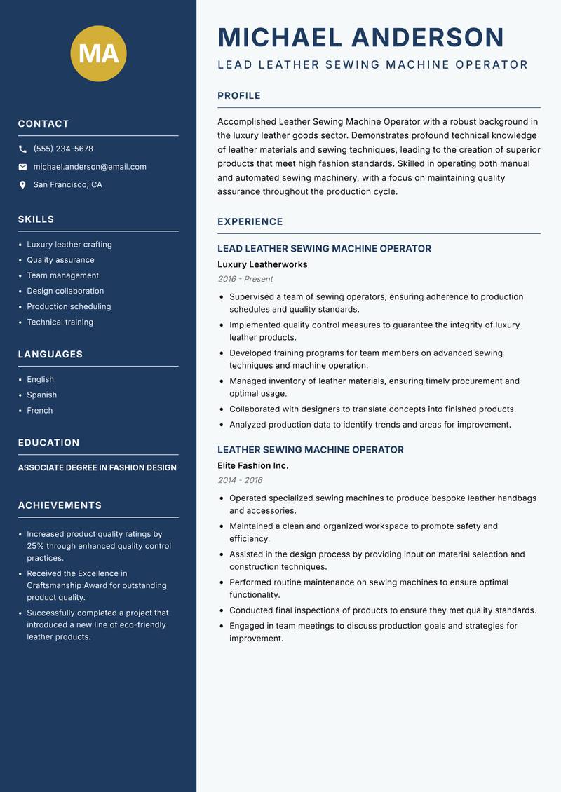 Leather Sewing Machine Operator Resume Preview Example