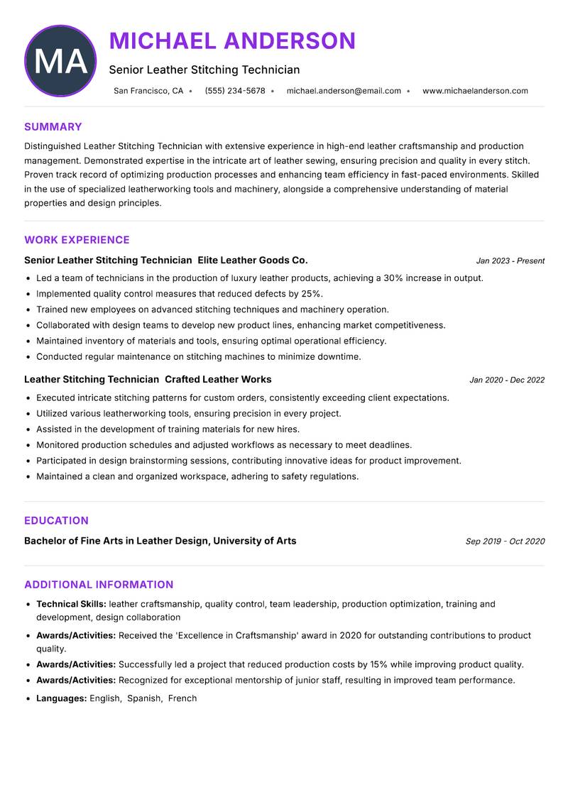 Leather Stitching Technician Resume Preview Example