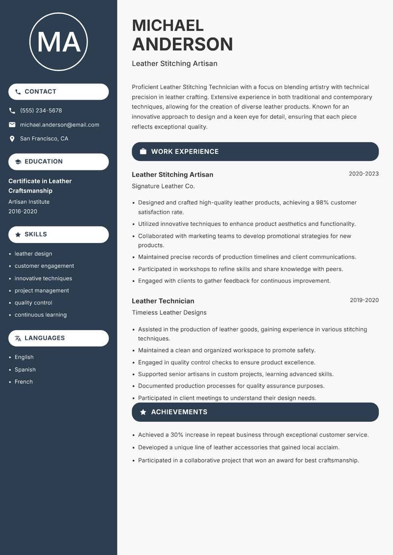 Leather Stitching Technician Resume Preview Example