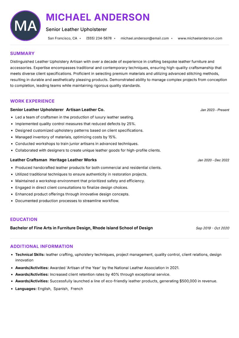 Leather Upholstery Artisan Resume Preview Example