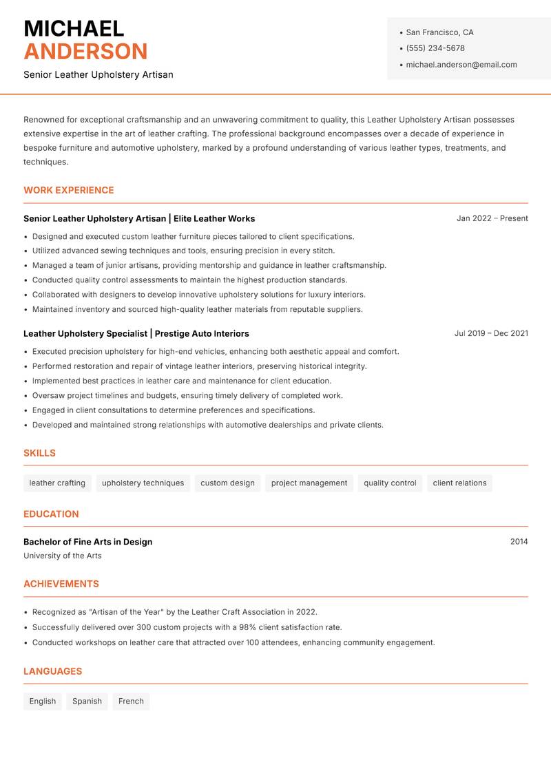Leather Upholstery Artisan Resume Template
