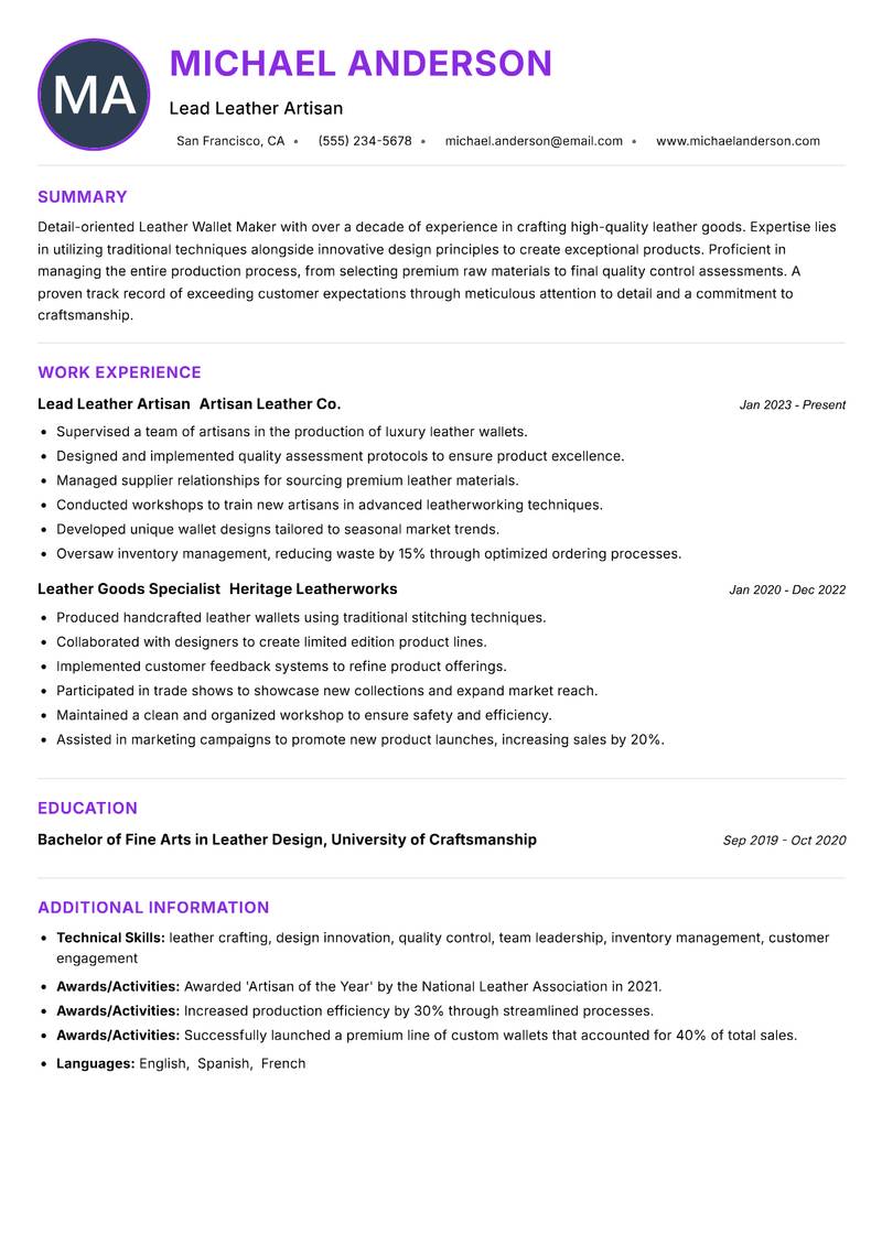 Leather Wallet Maker Resume Preview Example