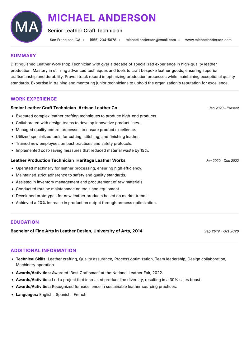 Leather Workshop Technician Resume Preview Example