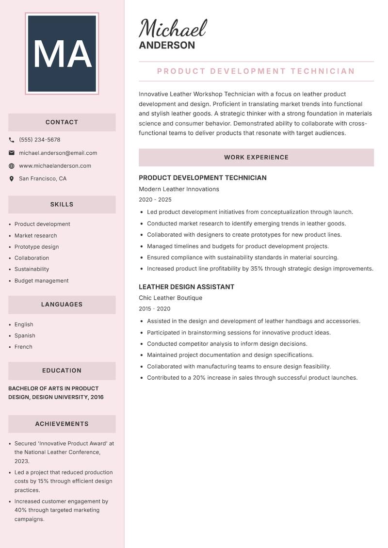 Leather Workshop Technician Resume Preview Example