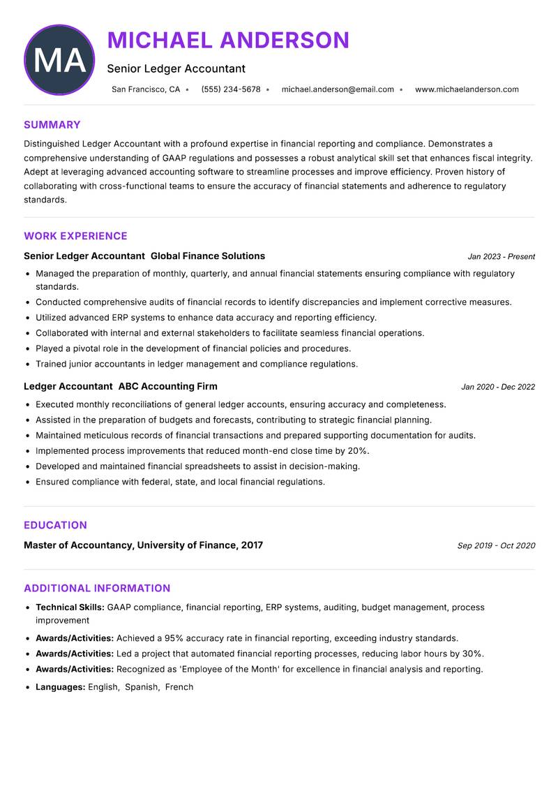 Ledger Accountant Resume Preview Example