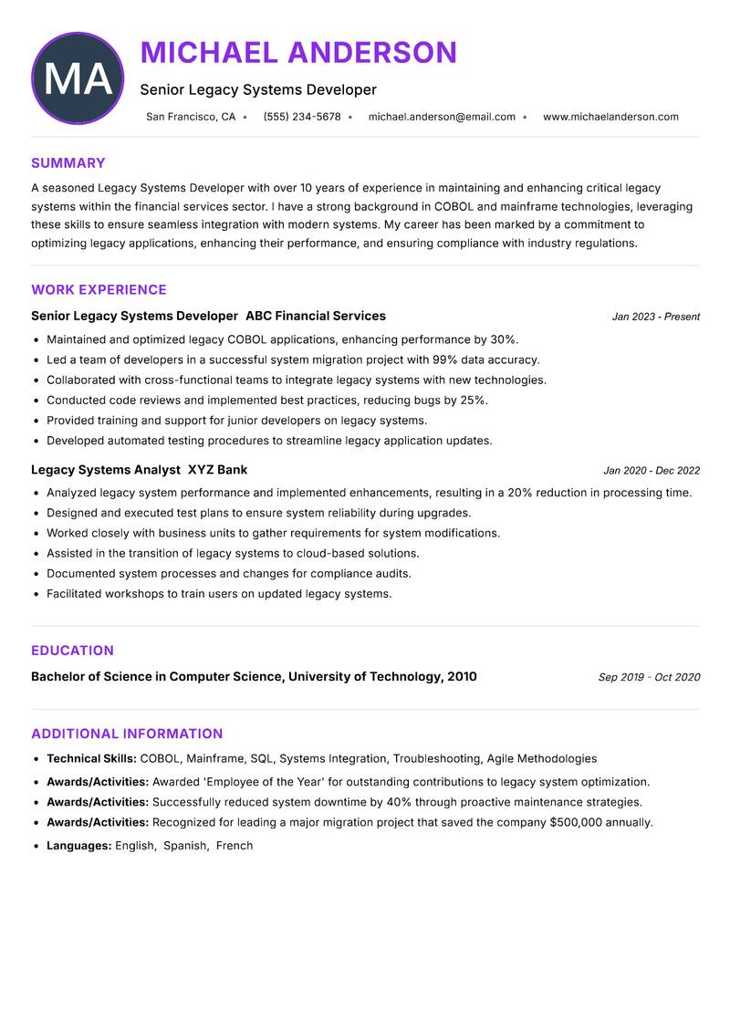 Legacy Systems Developer Resume Preview Example