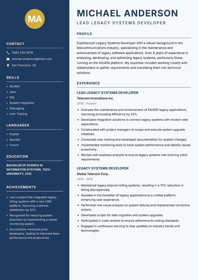 Legacy Systems Developer Resume Preview Example