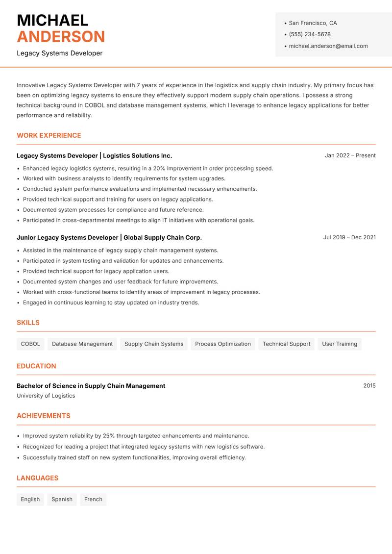 Legacy Systems Developer Resume Template