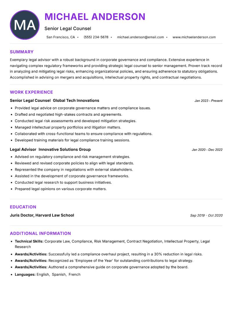 Legal Advisor Resume Preview Example