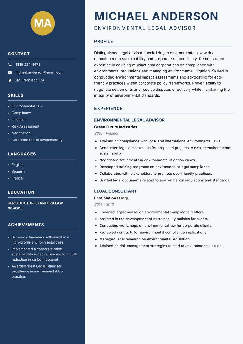 Legal Advisor Resume Preview Example