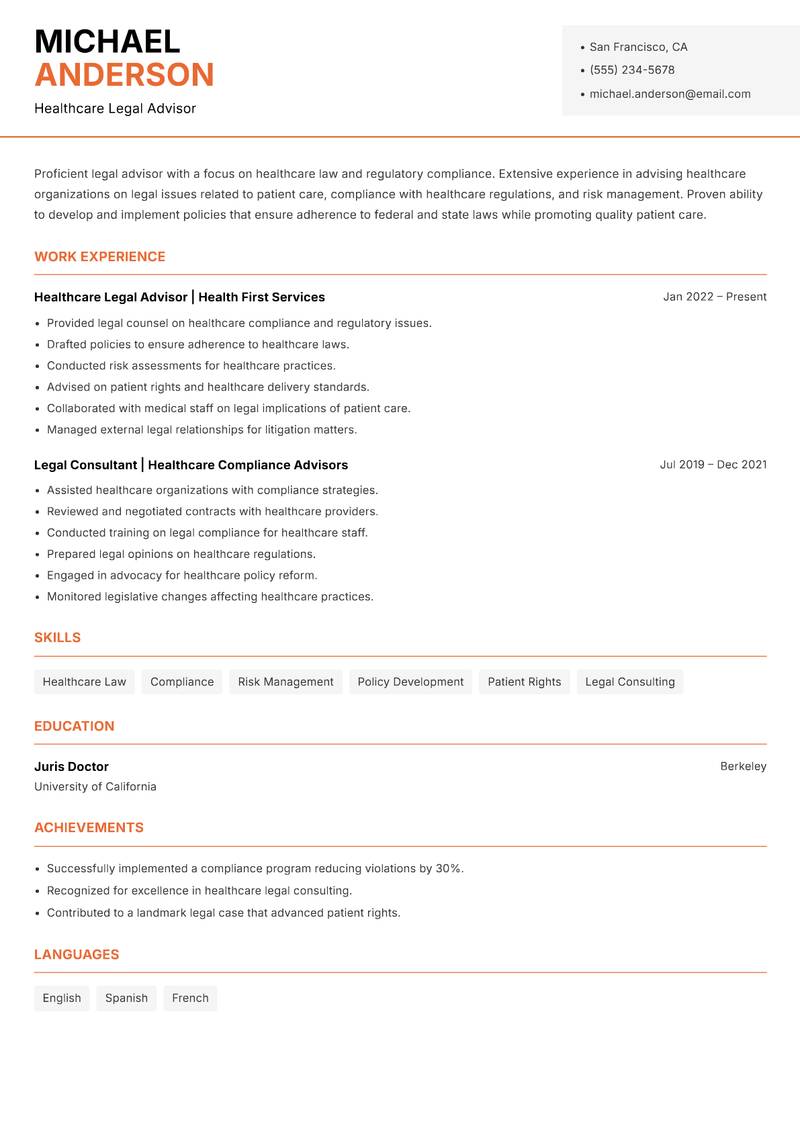 Legal Advisor Resume Template