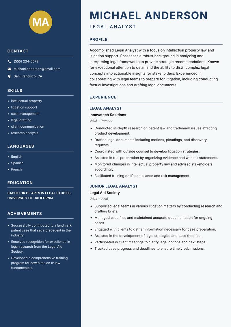 Legal Analyst Resume Preview Example