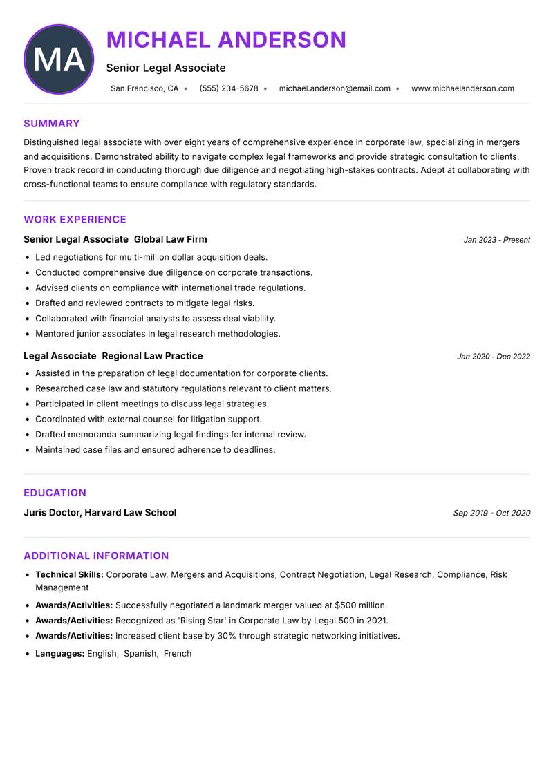 Legal Associate Resume Preview Example