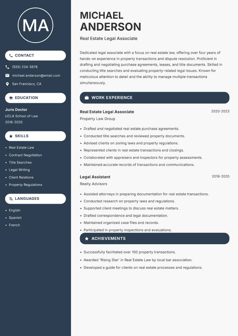 Legal Associate Resume Preview Example
