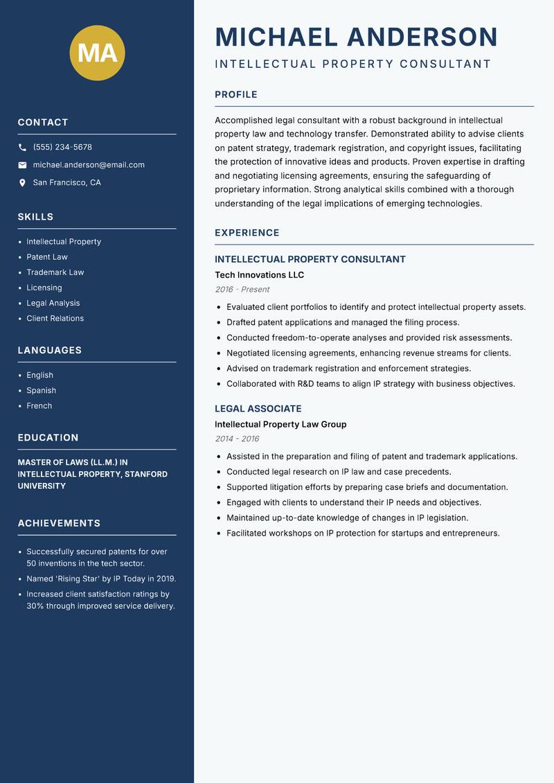 Legal Consultant Resume Preview Example