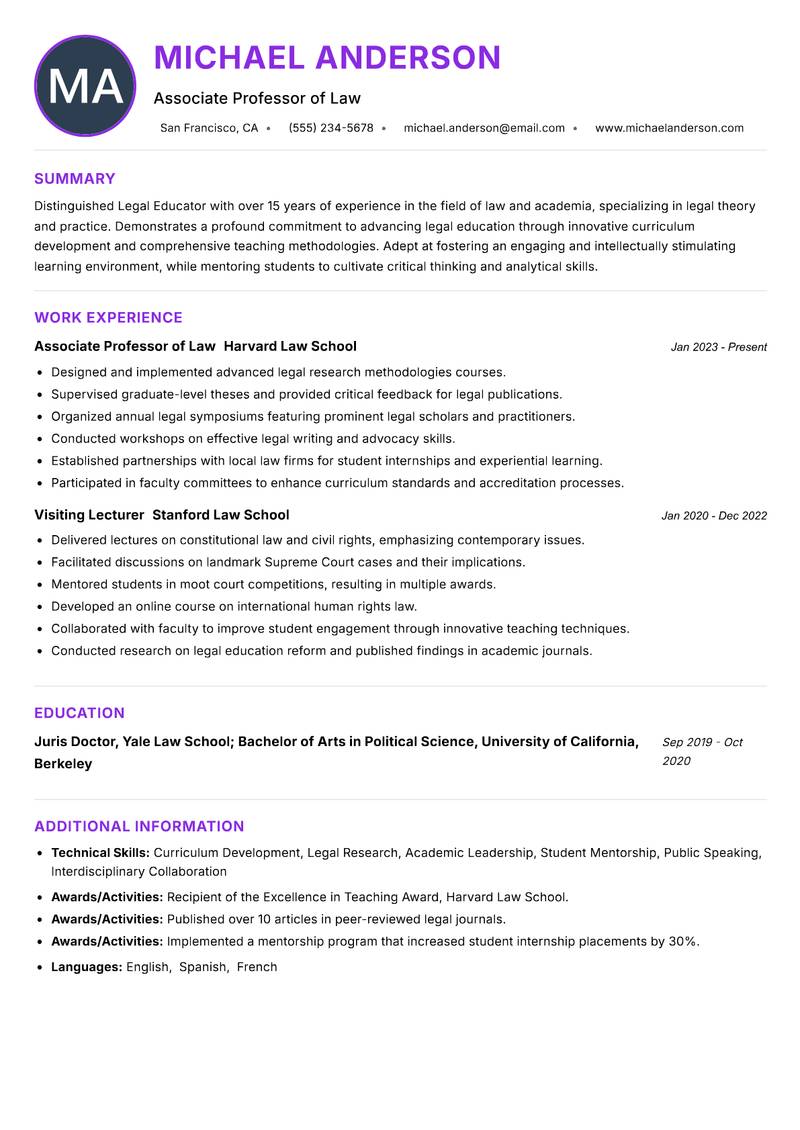 Legal Educator Resume Preview Example