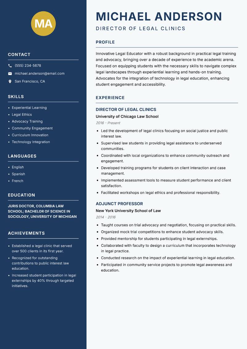 Legal Educator Resume Preview Example