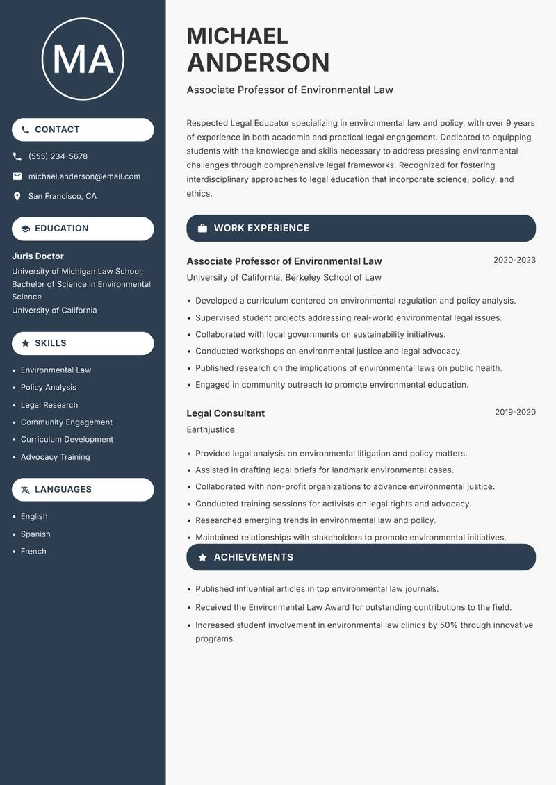 Legal Educator Resume Preview Example