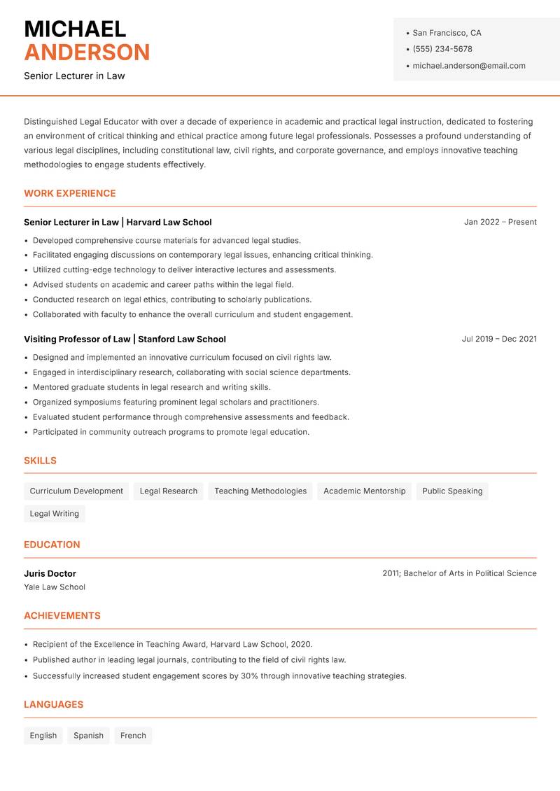 Legal Educator Resume Template