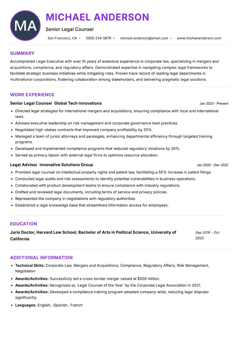 Legal Executive Resume Preview Example