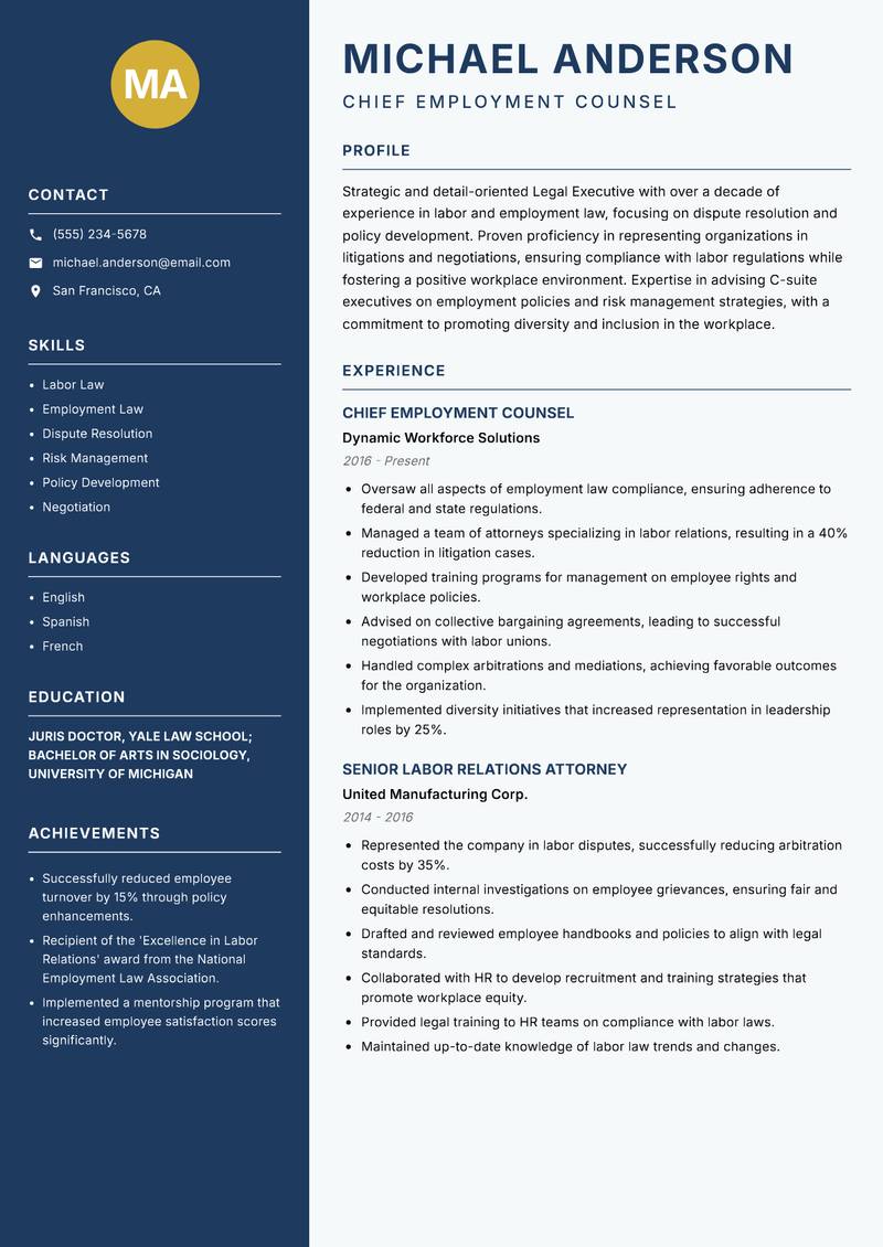 Legal Executive Resume Preview Example