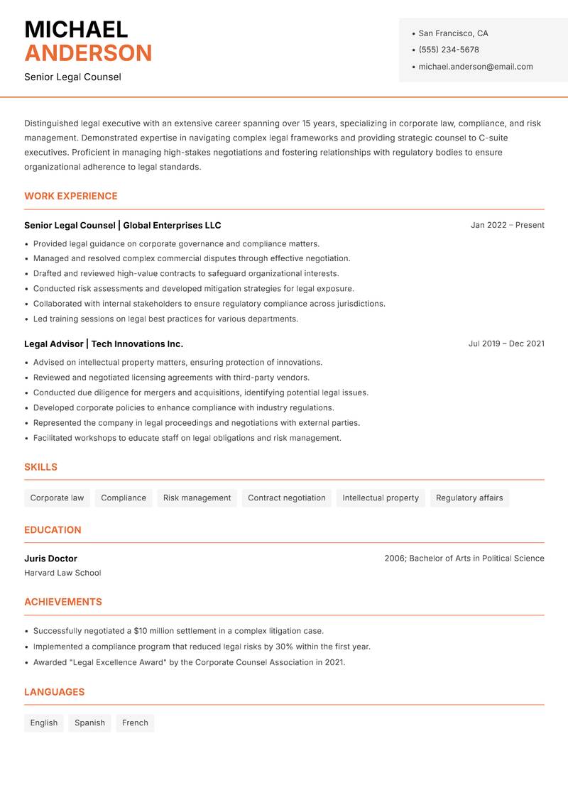 Legal Executive Resume Template
