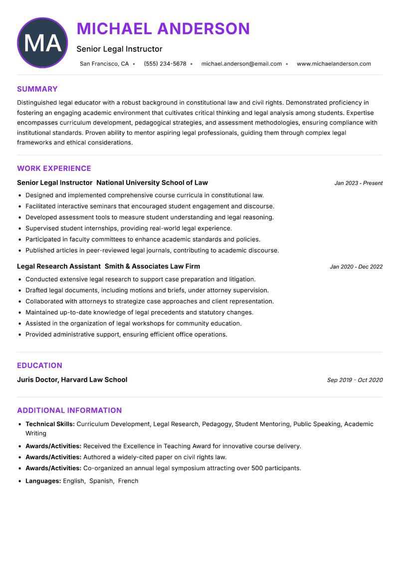Legal Instructor Resume Preview Example